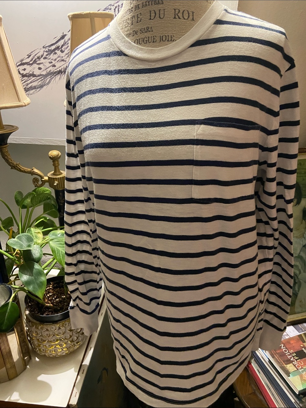 J Crew Medium Striped Long-Sleeve Pocket Tee - Navy & White